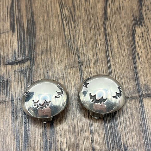 Artisan Jewelry - Polished Sterling Silver Button Earrings Clip on Etched in Black Halloween